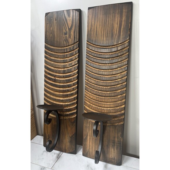 2 Vintage Handmade Pine/Wrought Iron Primitive Boho Wall Hanging Candle Holders - Picture 2 of 6